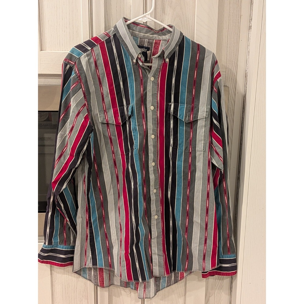 Vintage Wrangler Cowboy Cut Western Shirt XL Long Tails Striped 90s 16.5/35 USA